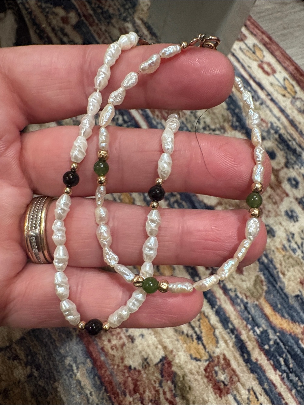 14K  Gold Rice Pearl & Green Jade Strand Bracelet  gf oniks set